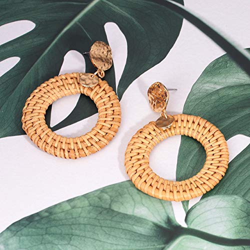 BSJELL Rattan Hoop Earrings Woven Handmade Straw Circle Drop Earrings Hammered Disc Stud Wicker