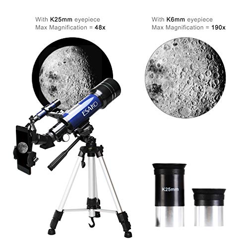 ESAKO Telescope for Beginners & Adults 70mm Astronomical Refractor Telescopes with Height Adjustable Tripod Backpack Phone Mount & Moon Filter & 3X Barlow Lens