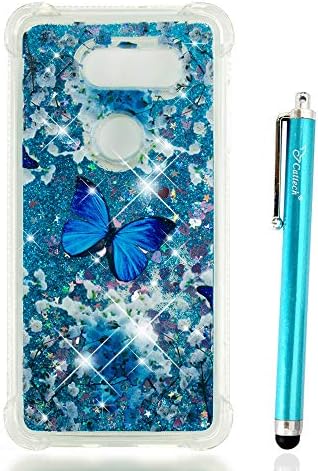 LG V30 Case, LG V30 Plus/V30S Case, Cattech Liquid Bling Sparkle Shiny Moving Quicksand - Slim Clear TPU Bumper Protective Non-slip Grip Shockproof Cover + Stylus (Blue)