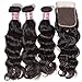 UNice 8A Grade Brazilian Natural Wave Hair 3 Bundles with 4x4 Free Part Lace Closure,100% Unprocessed Human Hair Weave Extensions Natural Color (20 22 24+18 Closure)