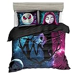 KTLRR 3D Nightmare Before Christmas Duvet Cover Sets,Jack and Sally Valentine's Day Rose Decor, 100% Microfiber Galaxy Bedding Set with Pillow Shams 3PCS Bedding,No Comforter (Christmas, Full 3pcs)
