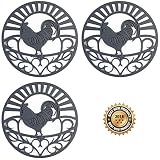 Silicone Trivet Set For Hot Dishes, Pots & Pans. These Kitchen Hot Pads 'Country Rooster' Design (Symbol of Prosperity & Good Luck) Mimics Cast Iron Trivets (7.5 inch Round, Set of 3, Dark Gray)