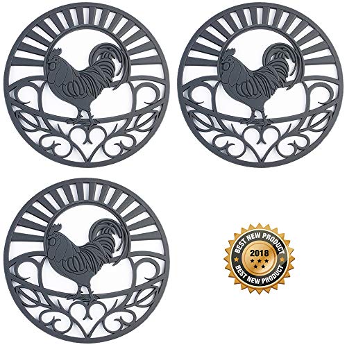 Silicone Trivet Set For Hot Dishes, Pots & Pans. These Kitchen Hot Pads 'Country Rooster' Design (Symbol of Prosperity & Good Luck) Mimics Cast Iron Trivets (7.5 inch Round, Set of 3, Dark Gray)
