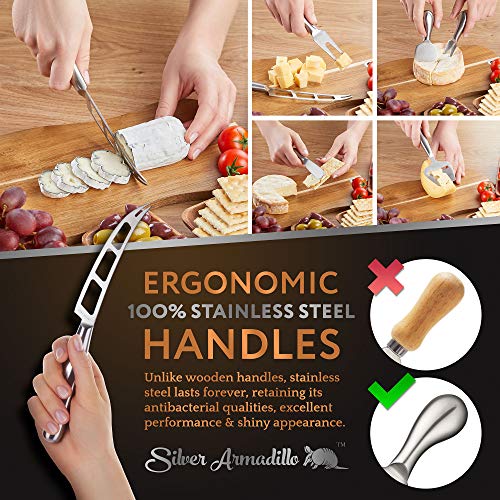 Cheese Board Serving Set, Wooden Charcuterie Platter and Serving Meat Board - 100% Acacia Hardwood Platter with Stainless Steel Cutlery - 3 Cheese Knives, Cheese Fork, Cheese Slicer. Bonus Corkscrew. - Thumbnail 2