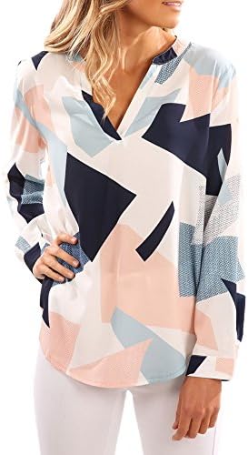 Womens Floral Printed V-Neck Long Sleeves Geometric Pattern Blouses Casual Tops M