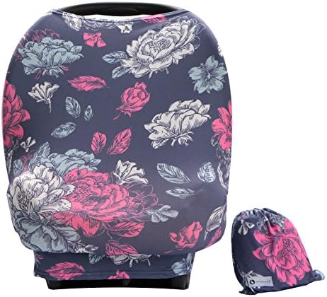 Baby Car Seat Cover Canopy-Multi-Use Stretchy Cover-Shopping Cart, Nursing Breastfeeding Cover, Infinity Scarf- Newborn Registry Baby Shower Gift (Vintage Peony LineArt)