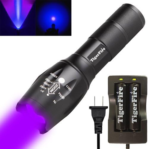 TigerFire 300 Lumen Tactical Flashlight - CREE XP-G R5 LED, 5 Modes, Adjustable Focus, Water Resistant, Two 18650 Rechargeable Batteries and Dual Charger Included - UV Light