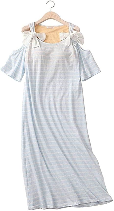 Amazon ネグリジェ レディース ルームワンピース 半袖 夏 ボーダー柄 肩出し リボン付き おしゃれ 可愛い 部屋着 ルームウェア パット付き お出かけ ナイトウェア 寝間着 ワンピース ルームワンピース ネグリジェ 通販