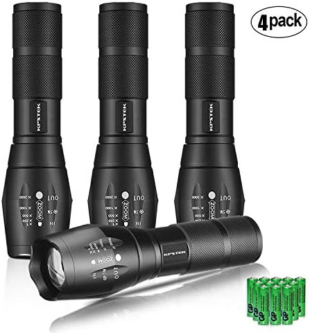 4 PACK Tactical Flashlight with Batteries, High Lumen XML T6 Tac Light with 5 Modes, Ultra Bright, Water-Resistant and Zoomable Handheld Torch Flashlights for Camping, Hiking by KPSTEK