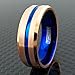 King's Cross Luxurious 6mm/8mm Rose Gold Tungsten Carbide Band Ring with Sapphire Blue Stripe, Matching Inner Band & Beveled Edges.