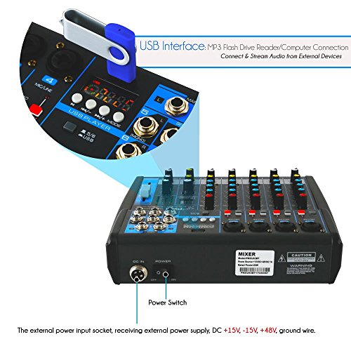 Pyle Professional Audio Mixer Sound Board Console - Desk System Interface with 6 Channel, USB, Bluetooth, Digital MP3 Computer Input, 48V Phantom Power, Stereo DJ Streaming & FX16 Bit DSP-(PMXU63BT)