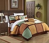 Chic Home 7-Piece Diana Microsuede Patchwork Comforter Set, Queen, Green