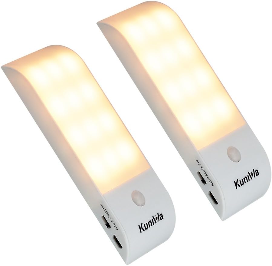 Motion Sensor Light, Kuniwa 2 Pack Under Cabinet Lights With Rechargeable Battery for Cupboard Wardrobe,12 LED Night Light (Warm White)