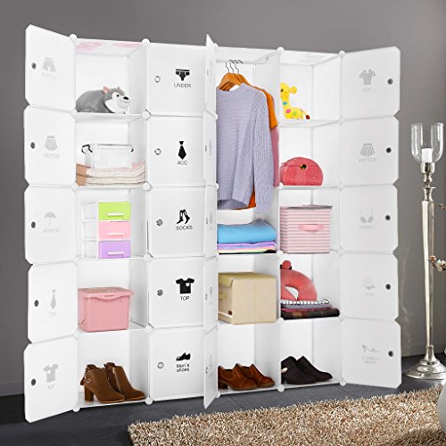 LANGRIA 20-Cube Muti-use DIY Portable Storage Drawer Closet Wardrobe, Organizer System,bookcase, cabinet with Lids, Hanging Rod, Various Category Icons Stickers for Home Decoration, Milky White