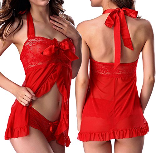 Sexy Lingerie Dress Nightwear Women s Open Back Chemise Lace Babydoll Sleepwear (S, Red Open Lingerie Dress with Garter for Women)