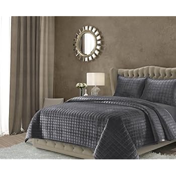 Tribeca Living FLORENCEQUIKIGR Florence Velvet Oversized Solid Quilt Set, King, Smoke Grey