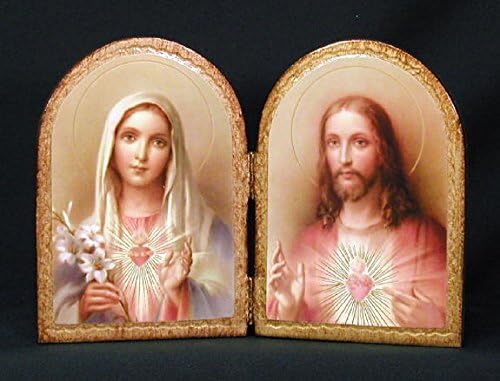 Sacred Heart of Jesus and Immaculate Heart of Mary Florentine Diptych, 9.5" x 6.5".