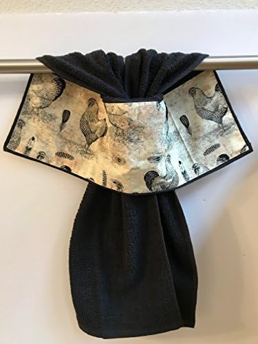 Comfy Kitchen Creations Rooster/Hen patch on a hanging kitchen tie black towel/Never falls off/100% cotton/17x28, TM, copyright 2017