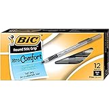 BIC Round Stic Grip Xtra Comfort Ball Pen, Fine Point (0.8 mm), Black, 12-Count