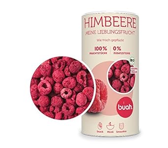 Buah | BIO Gourmet Gefriergetrocknete Himbeeren | 96g | Knuspriger Snack | Bester Geschmack für Smoothie und Müsli | Ohne Zus