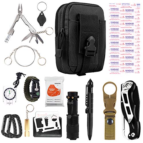 FUNANASUN Outdoor Survival Kit 25 in 1, Emergency Survival Gear Tool Pouch Holster with Compass, Survival Bracelet, Emergency Blanket, Protector Pen, Water Bottle Clip for Camping, Hiking, Adventure
