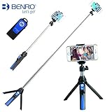 BENRO Handheld Tripod 3 in 1 Self-portrait Monopod Extendable Phone Selfie Stick with Built-in Bluetooth Remote Shutter - Blue