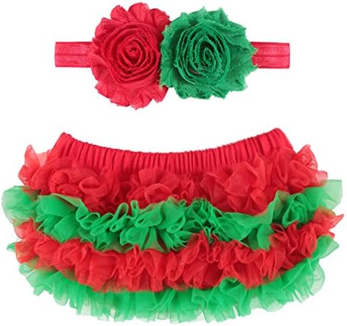 OoSweetCharlotteoO 2pcs Christmas Outfit Baby Girl Bloomer &amp; Headband Set Newborn Photo Prop (6-24 Months, Green+Red)