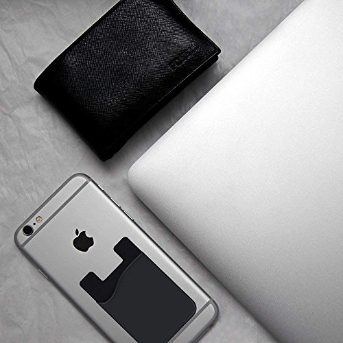 Cell Phone Wallet, HUO ZAO Silicone Credit Card Id Holder with Adhesive Stick-on fits Apple iPhone iPad Samsung Galaxy Android Smartphones, Table, Refrigerator, Door - 10 Pack (Black Colors - 5P)