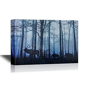 Canvas Wall Art - The Buck and Wild Boars in The Nature Forest - Gallery Wrap Modern Home Art | Ready to Hang - 12x18 inches