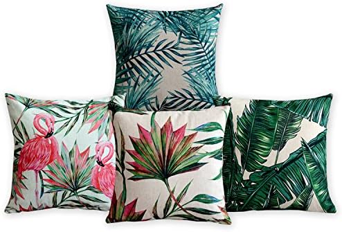 American Pillow Flamingoes and Palm Leaf Modern Art Cotton Linen Pillowcase Comfortable Cushions Decorative Pillows Home Decor Sofa Throw Pillow Case Set of 4 Cushion Cover