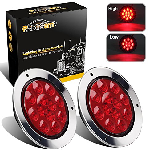 Partsam 2PCS 12 LED Red 12V 4″ Round Stop Turn Brake Tail Lights w/Chrome Bezel, 4 inch round led trailer lights, 4 inch round led trailer brake light, 4 inch round led tail lights Flange Mount