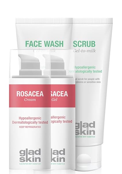Gladskin Rosacea Gel 30ml & Rosacea Cream 30ml & Face Wash 75ml & Scrub 75ml Care Set (Kombi-Packung) – lindert Rötungen und 