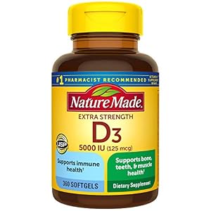 Nature Made Extra Strength Vitamin D3 5000 IU (125 mcg), Dietary Supplement for Immune Support, 360 Softgels, 360 Day…
