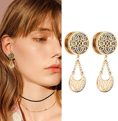 YIDULA Ear Gauges Dangle Plugs Tunnels for Ears Gold Reamer Hollow Flower Surgical Steel Screw Dilation Piercing Expander (Gold-00g-10mm)