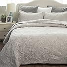 Comfy Bedding Set Quilt Embroidered Full/Queen Quilt Set 90"x96" Biege Damask Pattern 3-Piece Bedspread Lightweight Microfiber