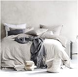 Eikei Washed Cotton Chambray Duvet Cover Solid Color Casual Modern Style Bedding Set Relaxed Soft Feel Natural Wrinkled Look (Queen, Neutral)