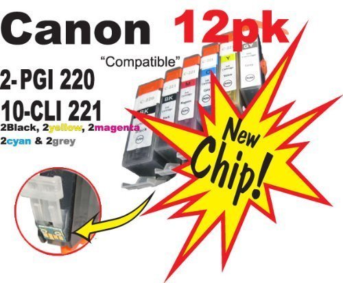 CLI-221 PGI-220 12pk NON-OEM compatible Ink Cartridge With CHIP! (2) PGI 220 black, (2) CLI 221 yellow, (2) CLI 221 cyan, (2) CLI 221 magenta, (2) CLI 221 black, (2) CLI 221 grey. Fits Canon All-in-One Machines PIXMA MP990 PIXMA MP980 only!