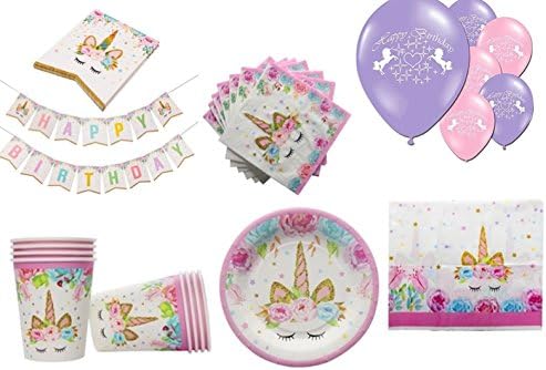 MAGICAL UNICORN Deluxe Birthday Party Kit for 16 Guests (Plates, Cups, Napkins, Tablecloth, Happy Birthday Banner & Happy Birthday Balloons)