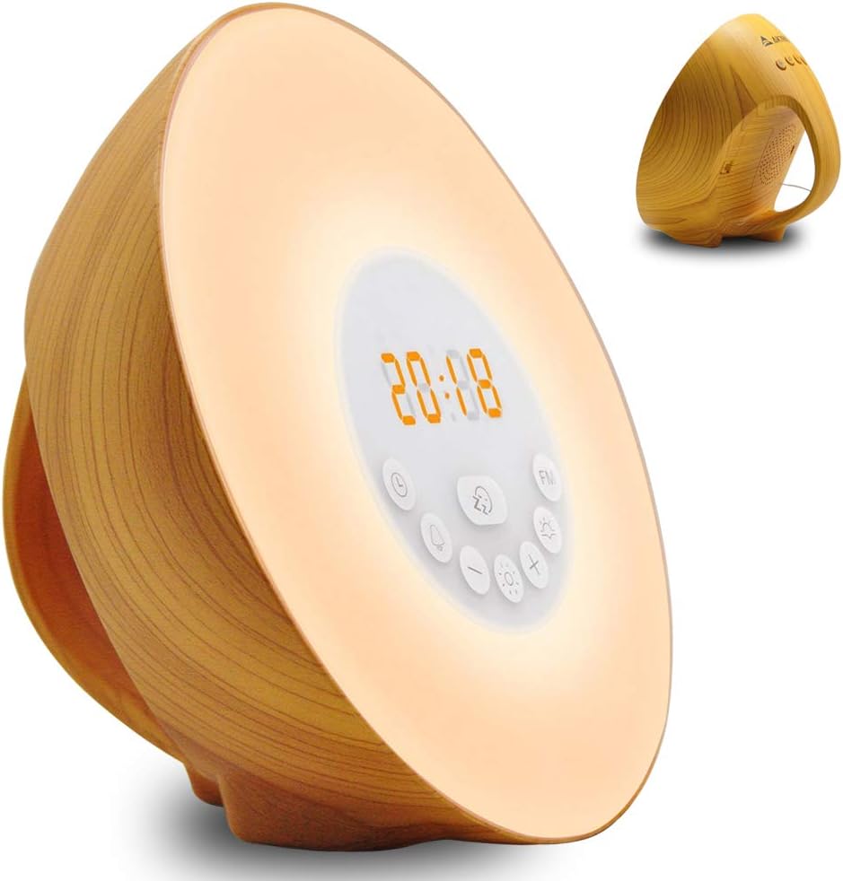 Wake Up Light Alarm Clock with Sunrise Sunset Simulation and Radio Functions, AK1980 Bedroom Alarm Clock for Kids Teens and Heavy Sleepers