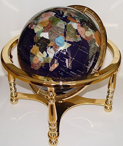 Unique Art 20" Tall Blue Lapis Ocean Table Top Gemstone World Globe with Gold 4-Leg Table Stand USA with Individual State Stones