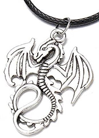 Best Wing Jewelry “Dragon" Pendant PU Leather Necklace (Adjustable) (Antique-Silver-Tone)
