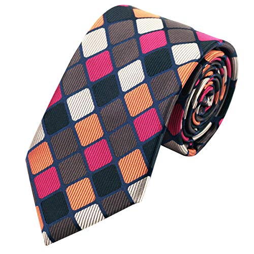 YOHOWA Orange White Plaid Check Tie Set Mens Necktie Pocket Square Cufflinks - Thumbnail 2