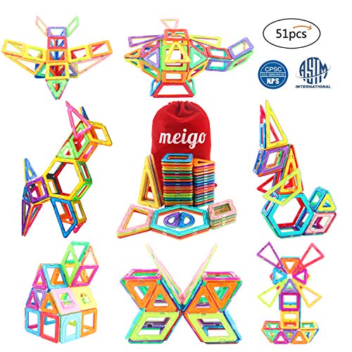 MEIGO Magnetic Blocks - Kids Magnetic Tiles Set 3D Magnetic Building Blocks Construction Playboards Boys Girls STEM Educational Magnet Toys for Toddlers (51pcs)