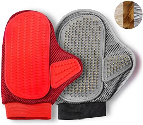 PawJoy 2-Pack Bundle Pet Grooming Massage Glove and Brush Glove for Dematting and Shedding on Furry Dogs and Cats with Long and Short Hair