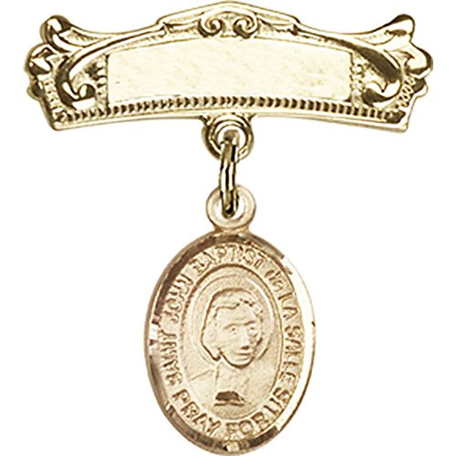 14kt Yellow Gold Baby Badge with St. John Baptist de la Salle Charm and Arched Polished Badge Pin 7/8 X 3/4 inches