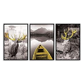 3 Panel Framed Canvas Wall Art for Living Room, Bedroom Deer with Gold Antlers Canvas Prints for Home Decoration Ready to Hang - 16"x24"x3 Panels