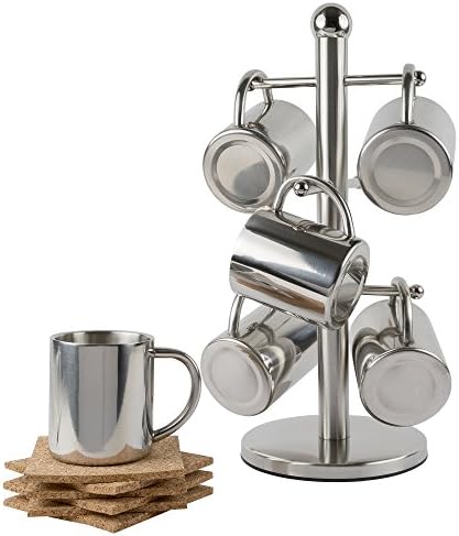 Stainless Steel Cups (Set of 6) - Double Walled Mugs for Espresso, Tea or Cappuccino - Each Cup Holds 6 Fluid Ounces, Comes with 6 Coasters and Stainless Tree Holder