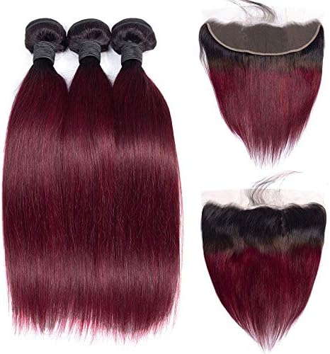 HC Hair Peruvian Ombre Lace Frontal Closure with 3 Bundles Straight 1B/99j Burgundy Virgin Frontal Closure Pre Plucked with Baby Hair Ombre Human Hair Weave (22 24 26+20inch Frontal)
