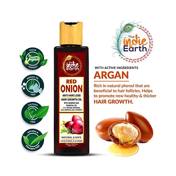 THE INDIE EARTH RED ONION HAIR OIL 200 ML - ANTI HAIR LOSS & HAIR GROWTH OIL WITH BLACK SEED, CURRY LEAF, HIBISCUS…