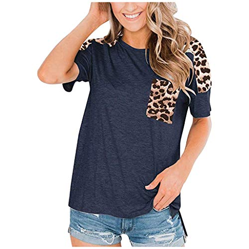 Moilant Womens Leopard Pocket T Shirt Casual Loose Tunic Round Neck Tops Blouse Navy